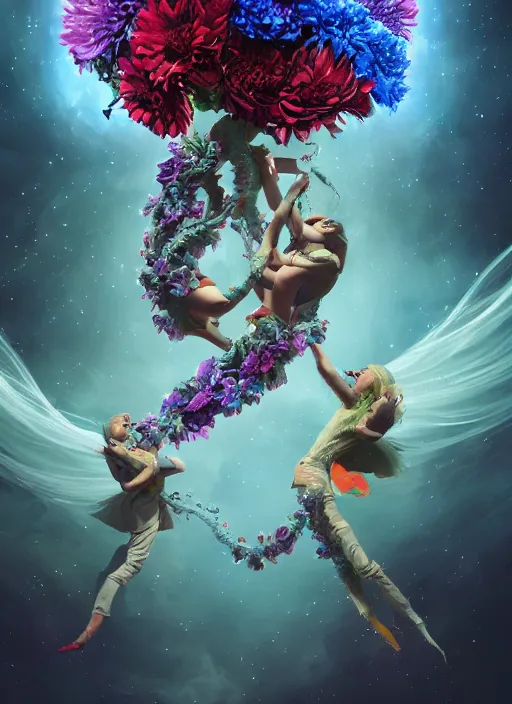 Image similar to An epic fantastic realism comic book style painting of the most beautiful entwined flowers launched across the dark galactic night sky, nebulous bouquets, fisheye lens, unreal 5, DAZ, hyperrealistic, octane render, dynamic lighting