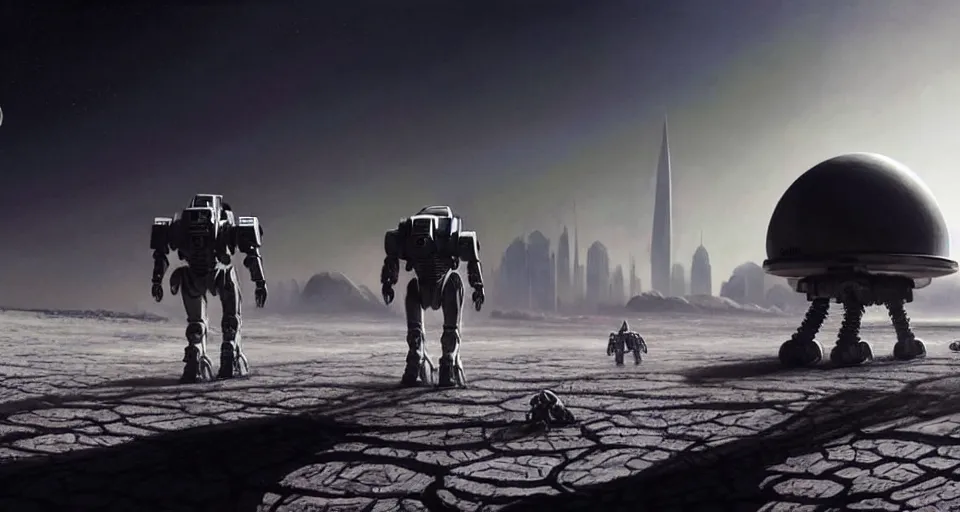 Image similar to hyper realistic sci - fi matte concept art painting of battlemech walking on the surface of the moon with a domed city in the background, beautiful details, strong composition painted by kim jung guweta studio rutkowski, james gurney and greg rutkowski, and lucasfilm, smooth, intricate, detailed, sharp focus, cinematic