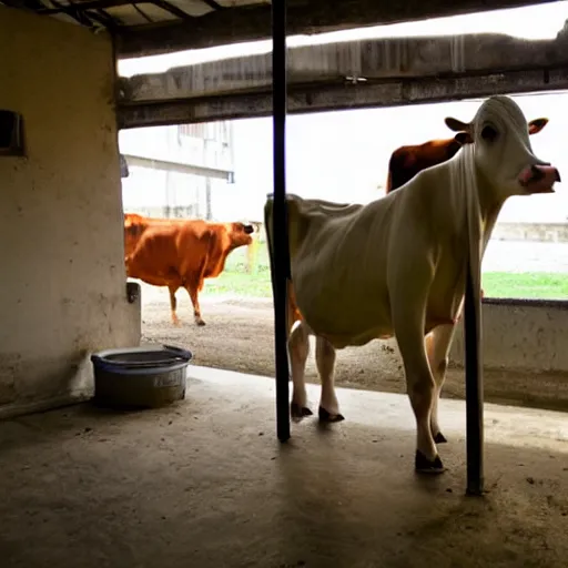 Image similar to bottle of milk and a cow, inside slaughterhouse