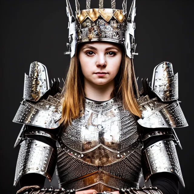 Prompt: full body photo of a beautiful cute strong warrior queen wearing diamond encrusted armour, highly detailed, 8 k, hdr, smooth, sharp focus, high resolution, award - winning photo