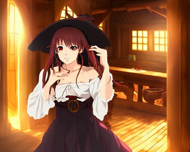Image similar to key anime visual portrait of a young female witch in a tavern interior, dynamic pose, dynamic perspective, cinematic, dramatic lighting, muted colors, fine detail, textured