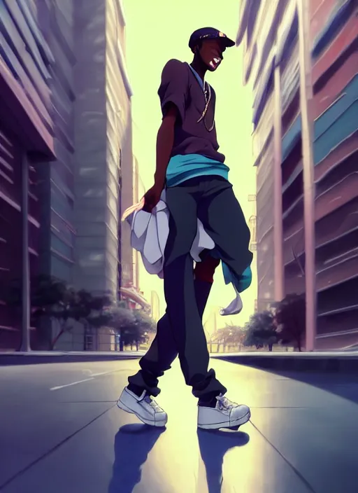 Image similar to handsome hip hop young black man walking down the street, joyful, anime style, scenery wallpaper aesthetic, pastel colors, symmetrical face, cinematic, dramatic, super detailed and intricate, hyper realistic, 4 k render, by artgerm, by kyoung hwan kim, by ralph mcquarrie, by yoshiyuki tomino