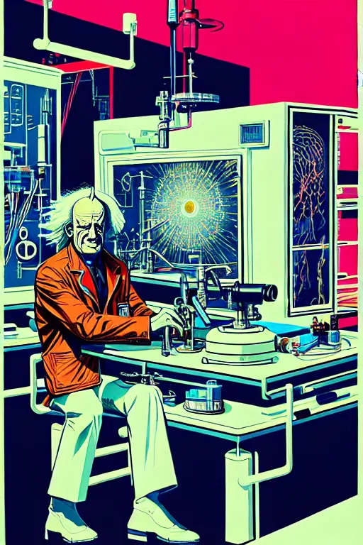 Image similar to doc emmet brown in his lab, high details, intricately detailed, by vincent di fate, inking, 3 color screen print, masterpiece, trending on artstation,, sharp, details, hyper - detailed, hd, 4 k, 8 k