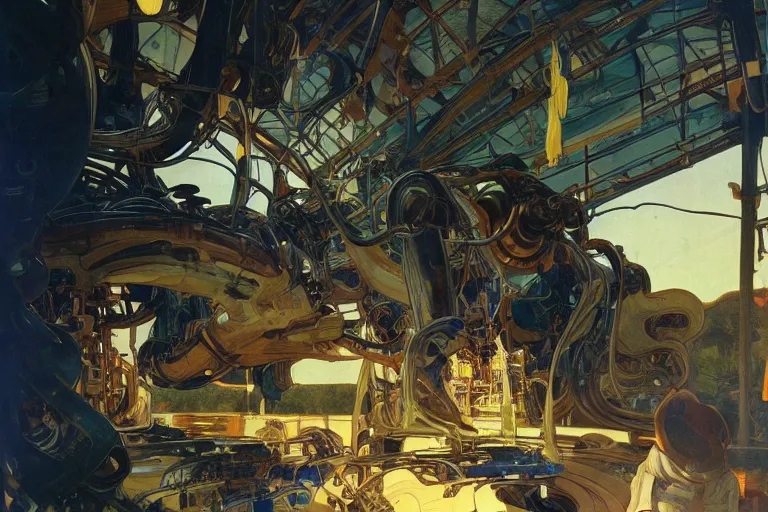 Prompt: natural landscape | robot repairing another robot, painting by syd mead and weta studio, alphonso mucha, james jean, frank frazetta, highly detailed, rule of third, soft lighting, 8 k resolution, oil on canvas, architectural magazine, beautiful detailed, insanely intricate details, artstation trending, hypermaximalistic, high details, cinematic