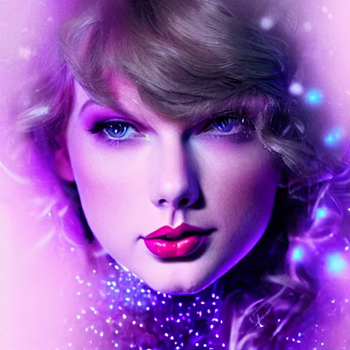 Image similar to closeup portrait of an ethereal Taylor swift made of purple light, divine, cyberspace, mysterious, dark high-contrast concept art