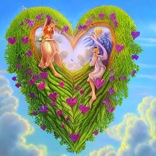 Image similar to a detailed fantasy painting of romantic hearts in the sky and broccolis floating in the sky, by lauri blank, artgerm, evelyn de morgan, 8K, 50mm lens