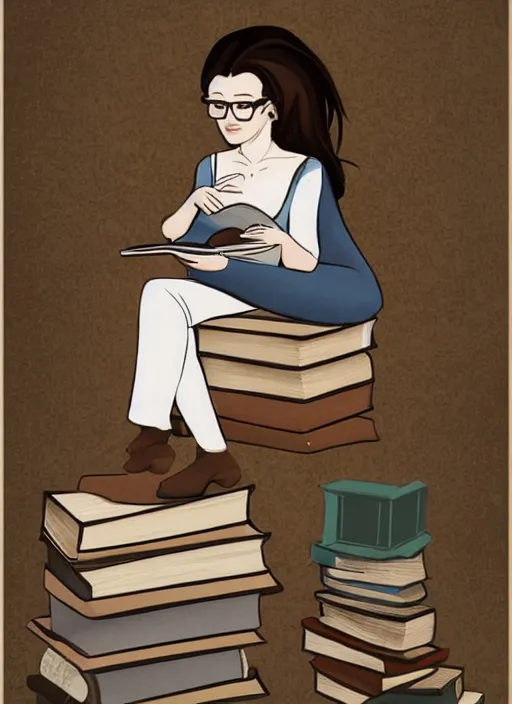 Prompt: a woman with brown hair and glasses sitting on a tall pile of books, reading a book. cel shaded painting, beautiful cartoon art with highly detailed face.