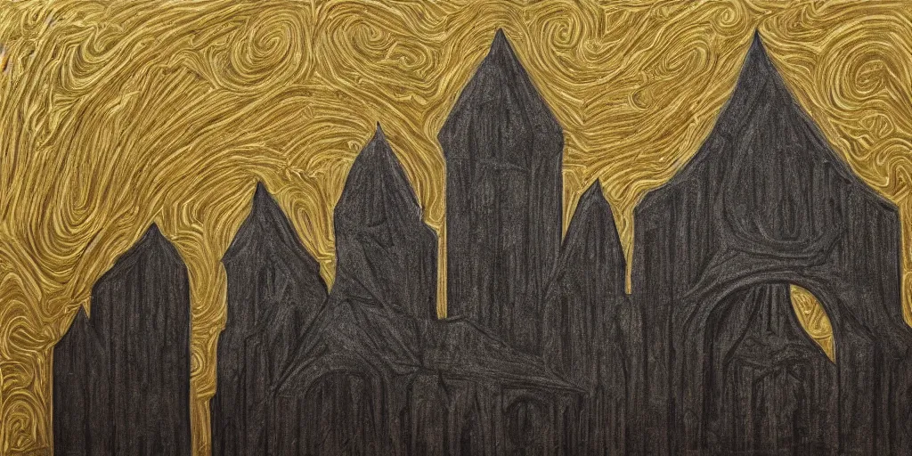 Image similar to charcoal art with adding gold leaf of monumental architecture inspired by h. p. lovecraft