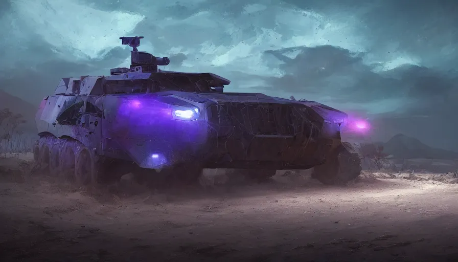 Image similar to an image of an armored vehicle in the night desert with blue headlights on by Paul Chadeisson, atmospherical, concept art, high detail, intimidating , cinematic, purple lightning , heavy storm , Artstation trending, octane render, wet metal