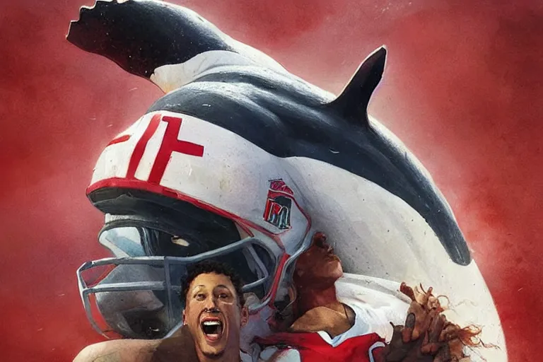 Image similar to a whale who loves patrick mahomes and the nfl by greg rutkowski, rossdraws, gil elvgren, enoch bolles, anime, very coherent