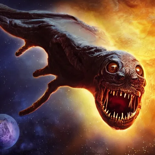 Image similar to eldritch horror bloody garfield in space, hd, 8 k, giant, epic, realistic photo, unreal engine, stars, prophecy, powerful, cinematic lighting, destroyed planet, debris, violent, sinister, ray tracing, dynamic, epic composition, dark, horrific, teeth, grotesque, monochrome drawing