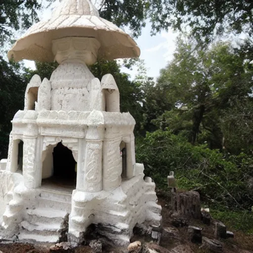 Prompt: an ancient white fantasy indian temple made of mushroom