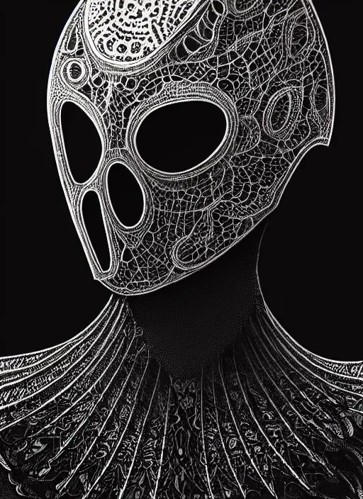 Image similar to lace armor witchy dark, iris van herpen, helmet on face, portrait, voluminous, masterpiece, intricate, highly detailed, artstation, dreamy ghost, concept art