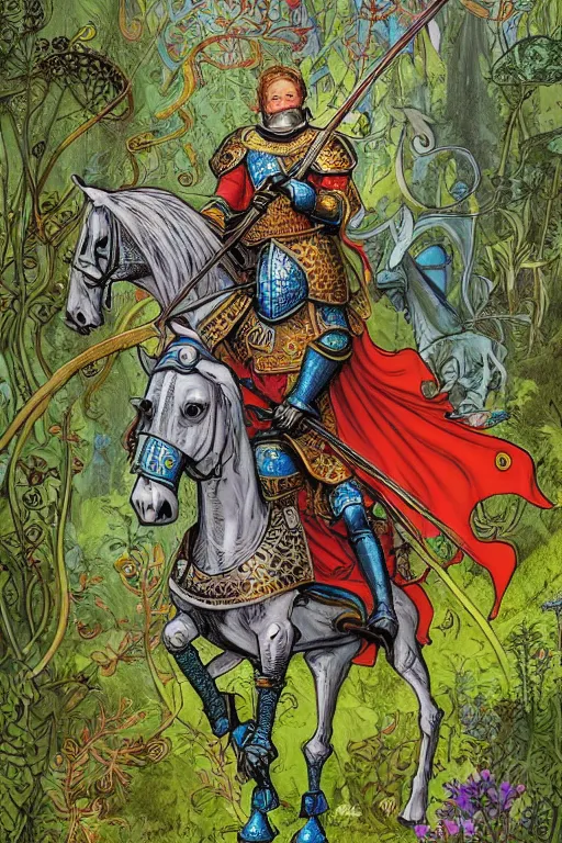 Image similar to medieval knight riding a horse in a magic kingdom overgrown by moss and plants, shiny armor, enchanted forest with fairies, wizards and magic mushrooms in the background, illustrated by james jean, very detailed and colorful and ornamental and floral, comicbook cover