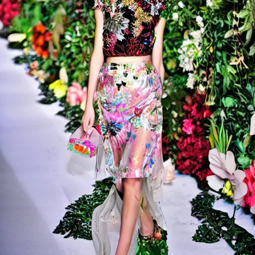 Prompt: young model wearing valentino 2 0 1 4 floral skirt and jeweled headpiece in a cyber holographic jungle, flowers