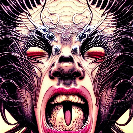 Image similar to closeup of face melting and tongues, by yoichi hatakenaka, masamune shirow, josan gonzales and dan mumford, ayami kojima, takato yamamoto, karol bak