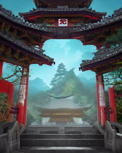 Image similar to tang dynasty shinto gate at the top of dragon mountain by peter mohrbacher and dan mumford and nekro, cgsociety, volumetric light, 3 d render