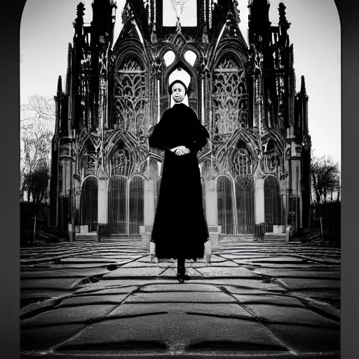 Image similar to black and white movie shot, landcape, architectural shot, no decaying lines, background of an alabaster gothic cathedral, with long ephimeral windows with reflection of flames, as subject a gothic woman with an intricate arabesque detailed black dressed, macro head face