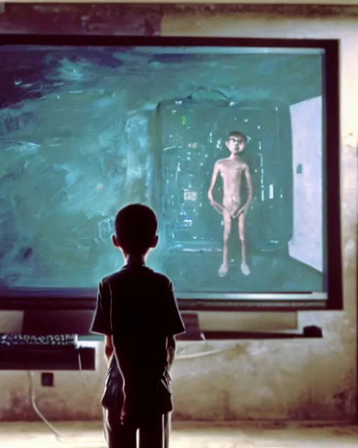 Image similar to an 8 years old enlightened and scared boy standing in front of an old computer from 90s with a game doom2 at the monitor screen. painting by Adrian Ghenie and Willem de Kooning and Cy Twombly, still from a movie by Gaspar Noe and James Cameron