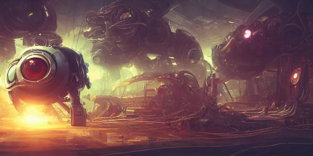 Image similar to huge mechanical creature robot in the middle, its big round eye facing the camera, the eye emits a radiating glowing aura, symmetrical, global illumination, ray tracing, underwater background, diesel punk vibes, hdr, fanart, artstation, by ian pesty and alena aenami, artworks, 4 k