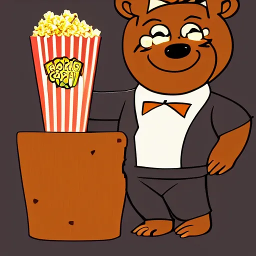 Image similar to yogi bear selling popcorn, artstation, forest background,