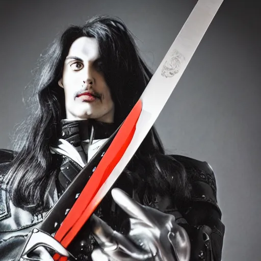 Prompt: alucard posing for a picture with a long sword