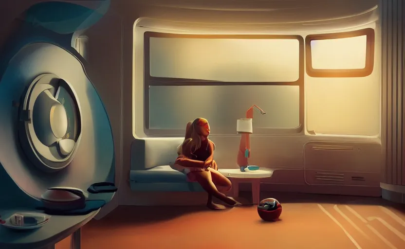 Image similar to a teen girl sitting in a stylish bedroom interior, futuristic plastic capsule apartment, small kitchen, reflective floor painting by Craig Mullins, octane rendering, soft lighting, wide angle lens, in the style of Pixar animation, trending on artstation,