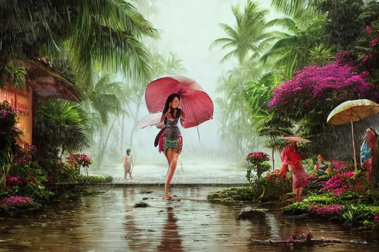 Prompt: ultra realistic illustration, closeup photo, monsoon on tropical island, attractive oriental woman, frontal, ornate, beautiful, atmosphere, vibe, mist, coconuts, rain, wet, pristine, puddles, melting, dripping, creek, bridge, forest, roses, flowers, by stanley artgerm lau, thomas kindkade