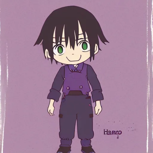 Image similar to cute little boy, purple color palette, artwork in toilet - bound hanako - kun art style, inspired in made in abyss and hirohiko araki