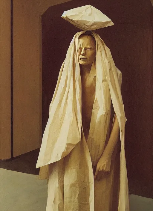 Image similar to woman in dress made from plastic bag with paper bags for clothes standing inside paper bags with paper bag over the head at store display Edward Hopper and James Gilleard, Zdzislaw Beksinski, highly detailed