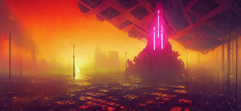 Prompt: beautiful masterpiece painting of a dystopian city in a future radioactive glowing swamp, by Remedios Varo and Anato Finnstark and Greg Rutkowski, dayglo pink, dayglo blue, by Craig Mullins, ilya kuvshinov, krenz cushart, artgerm, 8k, trending on ArtStation