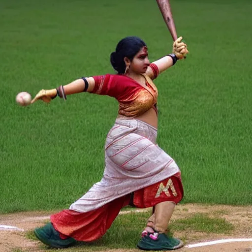 Image similar to Baseball playing goddess Durga, also known as Mata Rani and Devi Maa. Durga has many arms, more than 2 arms. She wears baseball gloves and baseball bats.