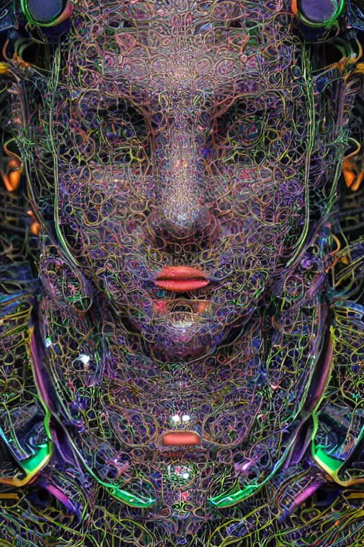 Image similar to a melancholic realistic 8k Sculpture of a complex robotic human face, liquid simulation, bright psychedelic colors, dramatic lighting, hexagonal mesh wire, filigree intricate details, cinematic, fleshy musculature, white blossoms, elegant, 50mm lens, DOF, octane render, art nouveau, 8k post-processing, intricate art by Frank Lloyd Wright