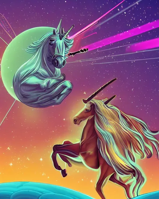 Prompt: Stylized Artistic Render of Jesus flying a unicorn through space while shooting lasers out of his eyes