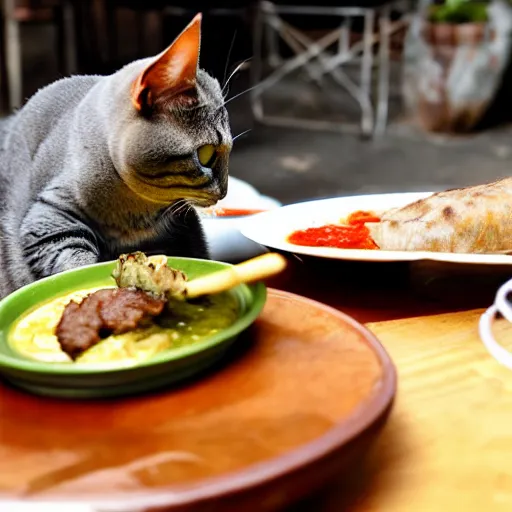 Image similar to grey brittish short hair cat eating kebap, animal photography, food photography