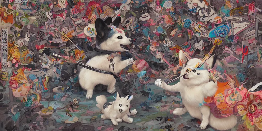 Prompt: highly detailed painting scene of a fluffy graffiti corgi ninja god fighting samurai, by Anna Dittmann and Hikari Shimoda , trending on Artstation, 8k, masterpiece, intricate detail, graffiti paint