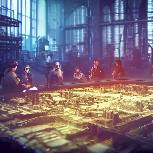 Image similar to large group people in open warehouse, looking at hologram of futuristic city on a table, cinematic concept art, godrays, golden hour, natural sunlight, 4 k, clear details, tabletop model buildings, tabletop model, hologram center table, crane shot, crane shot, crane shot, vr users foreground