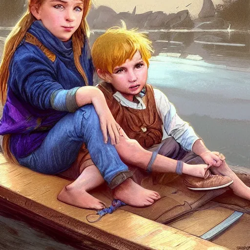 Prompt: 2 children sitting on a boat a boy and a girl a boy has brown hair messy while the girl has blonde straight hair digital painting, artstation, concept art, soft light, hdri, smooth, sharp focus, illustration, fantasy, intricate, elegant, highly detailed, D&D, matte painting, in the style of Greg Rutkowski and Alphonse Mucha and artemisia, 8k, highly detailed, jurgens, rutkowski, bouguereau, pastoral, rustic, georgic