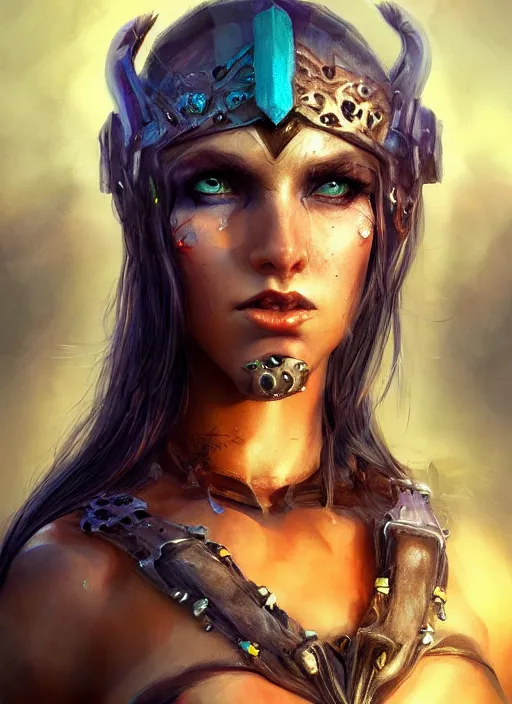 Image similar to Beautiful rave barbarian woman, portrait, fantasy, medieval, vivid colors, fantasy, elegant, concept art, sharp focus, beautiful face, digital art, burning man, Hyper-realistic, 4K, Unreal Engine, Highly Detailed, HD, Dramatic Lighting by Brom, trending on Artstation