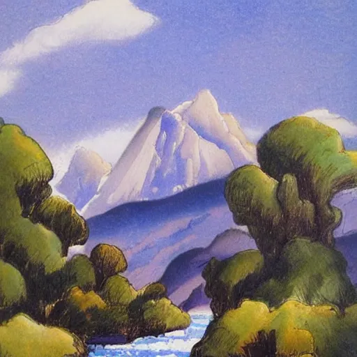 Prompt: magnificent by constantin joffe celadon. drawing. a landscape of a mountainous area with a river running through it. there are trees & plants in the foreground, & the mountains are in the background.