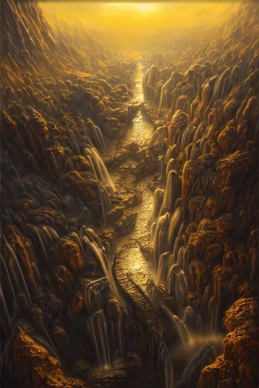 Prompt: aerial view, golden hour, at the dawn of time, golden lighting, nightmare, in a symbolic and meaningful style, dark fantasy city, waterfall, warhammer style, highly detailed, digital painting, trending on artstation, gradient silver to gold, concept art, sharp focus, illustration, octane render, art by artgerm and greg rutkowski and magali villeneuve
