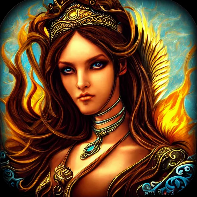 Prompt: perfectly centered close up portrait, goddess of fire, candid photography, by anne stokes, highly detailed, character concept