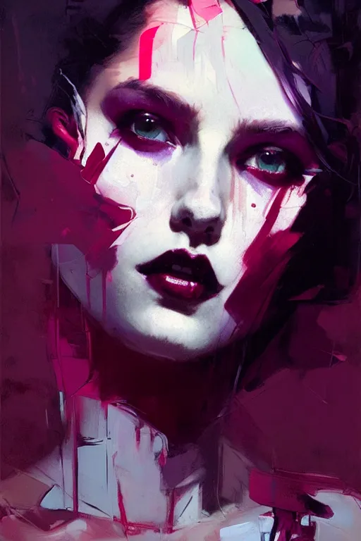 Image similar to portrait of a beautiful goth girl, shades of red and purple, beautiful face, rule of thirds, intricate outfit, spotlight, by greg rutkowski, by jeremy mann, by francoise nielly, by van gogh, digital painting