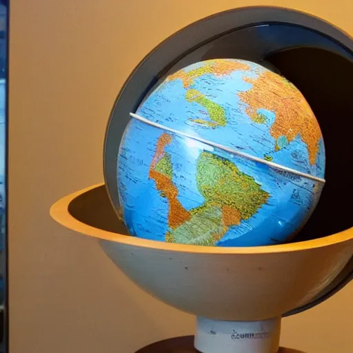 Image similar to A globe on display with an erupting volcano inside.