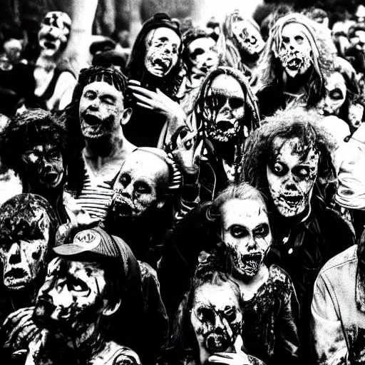 Image similar to zombies at a punk rock concert, highly detailed photo from 1985, black and white