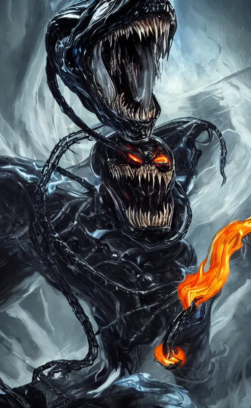 Image similar to venom as ghost rider, dynamic lighting, photorealistic fantasy concept art, trending on art station, stunning visuals, terrifying, creative, cinematic