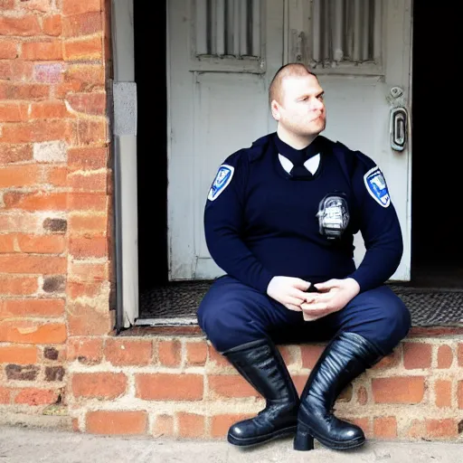 Prompt: clean - shaven chubby chubby chubby 3 2 year old caucasian man from uk. he is wearing navy police sweater and necktie and black boots and police helmet. he is sitting on the porch of his house at night.