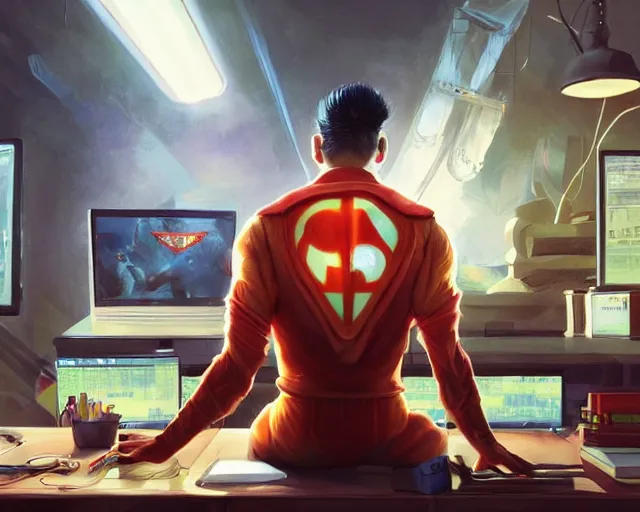 Image similar to an insanely detailed painting of a nerdy asian man wearing a superhero costume, sitting at a desk, staring at the nervously at the computer and typing, in the style of peter mohrbacher, dramatic lighting and composition, surreal background, octane render, pixar, trending on artstation, concept art, comic book, view from behind