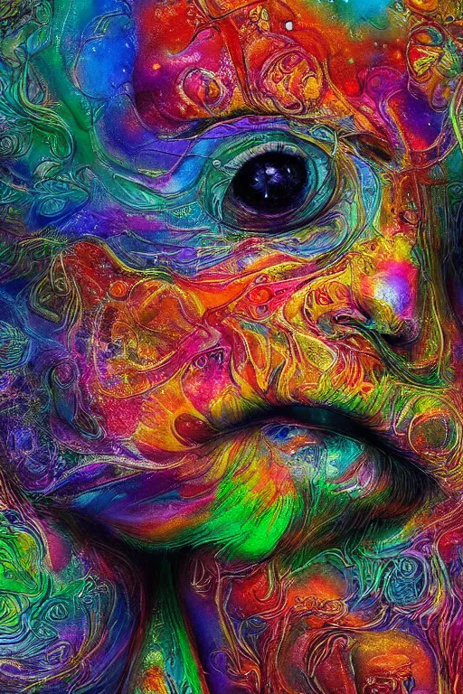 Image similar to hyperrealistic abstract close-up Renaissance psychedelic!! celestial happy! pure creature!! peaceful! kind spirit of nature! beautiful fractal!! eyes! highly detailed concept art eric zener elson peter cinematic hard rainbow lighting high angle hd 8k sharp shallow depth of field endless, inspired by Zdzisław Beksiński Salvador Dali