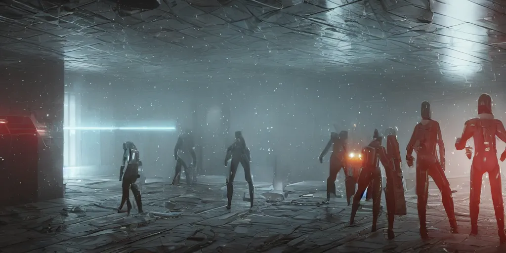 Prompt: sci - fi squad in wet cloaks, infiltrating on the ceiling at midnight storm, lightning, unreal engine 5